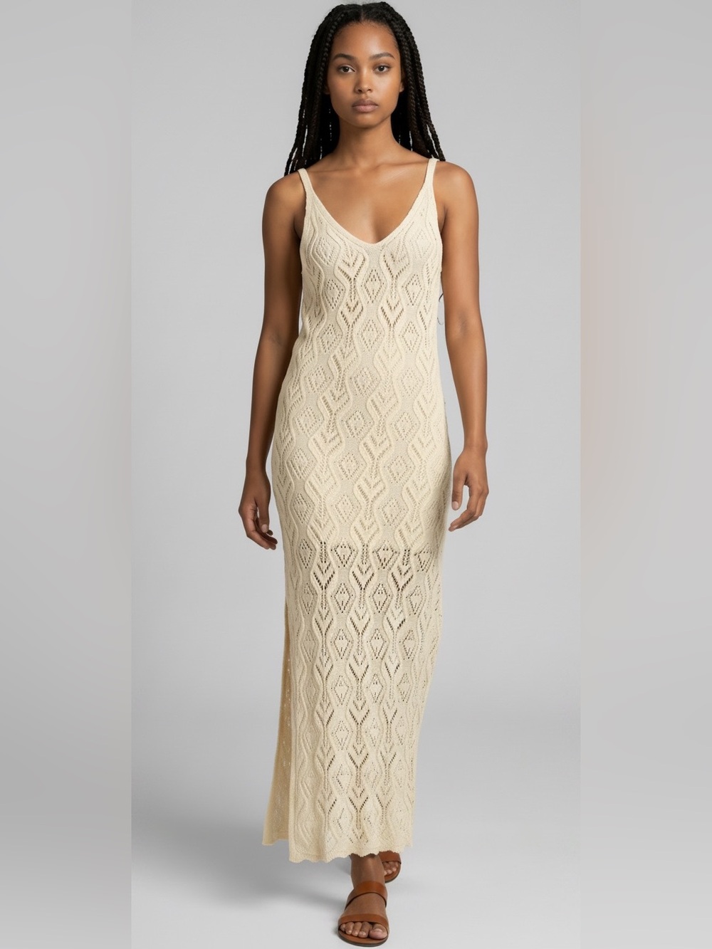 Pull&Bear Women’s Open Knit V Neck Cream Maxi Dress. Size S. SKU 035